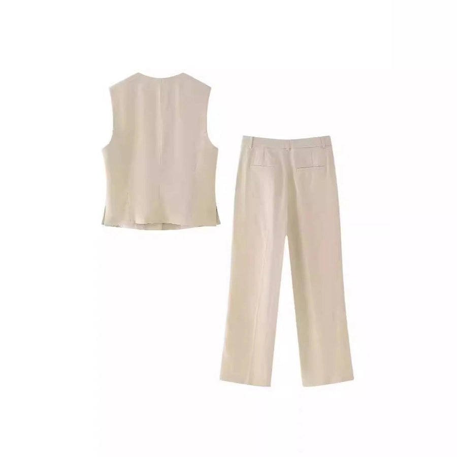 Business Women's British Style Solid Color Polyester Button Pants Sets Pants Sets