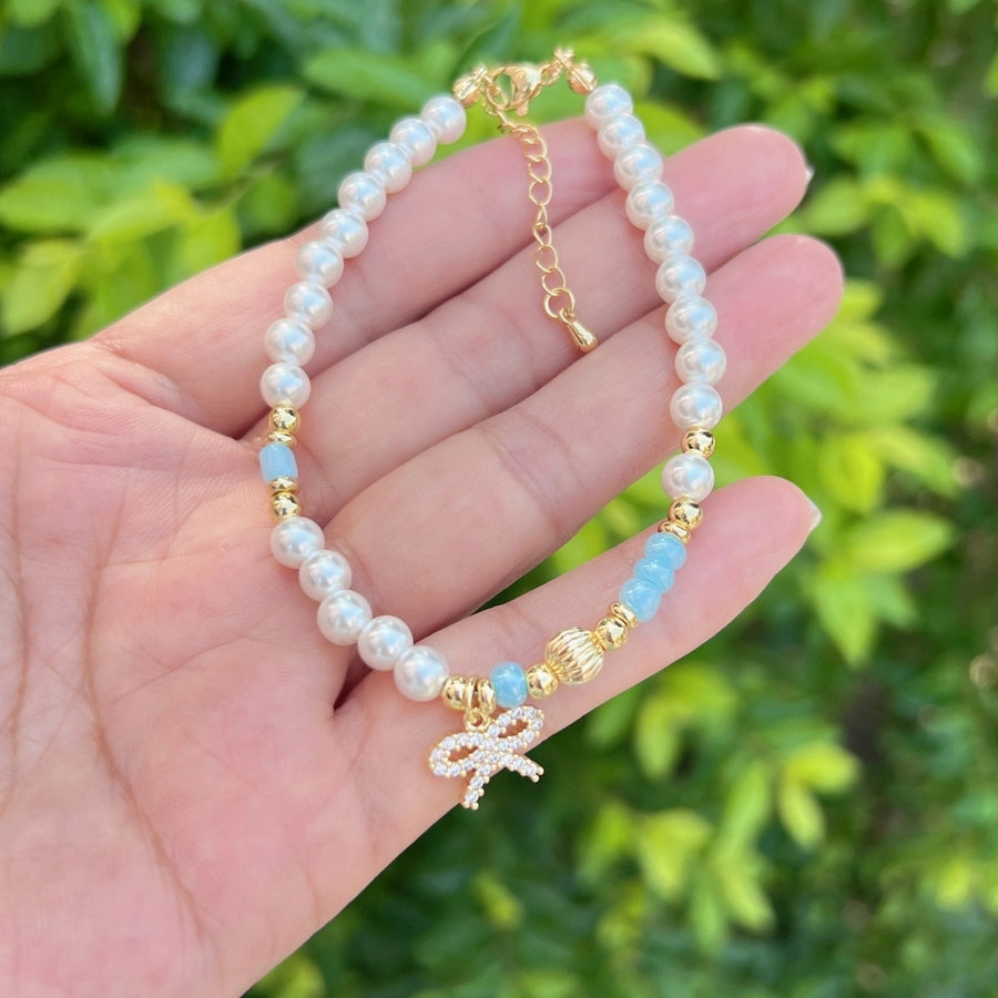 Sweet Flower Butterfly Bow Knot 18K Gold Plated Zircon Imitation Pearl Copper ball chain Beaded Bracelets