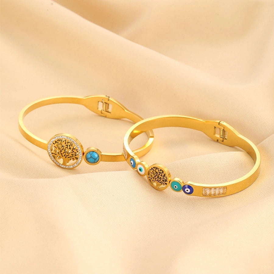 Simple Style Life Tree Eye 304 Stainless Steel 18K Gold Plated Turquoise Rhinestones Bangle In Bulk Stainless Steel Bracelets