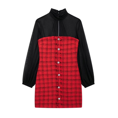 Women's Sheath Dress Elegant Sexy High Neck Lace Long Sleeve Color Block Plaid Above Knee Banquet Daily