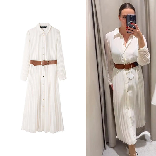 Women's Sheath Dress Streetwear Turndown Pleated Long Sleeve Solid Color Maxi Long Dress Daily