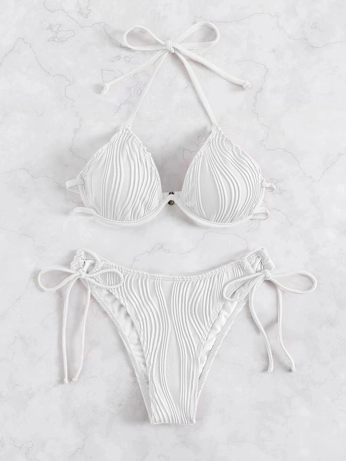 Women's Solid Color Stripe 2 Pieces Set Bikinis Swimwear