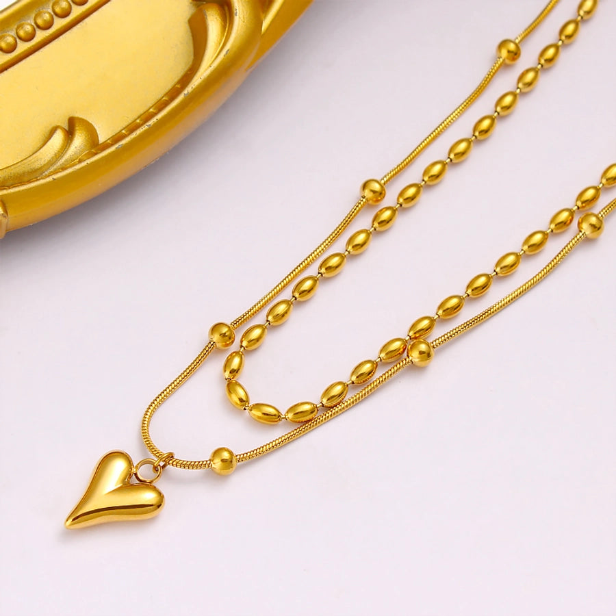 Jewelry Simple Style Heart Shape 304 Stainless Steel 18K Gold Plated Plating Double Layer Necklaces