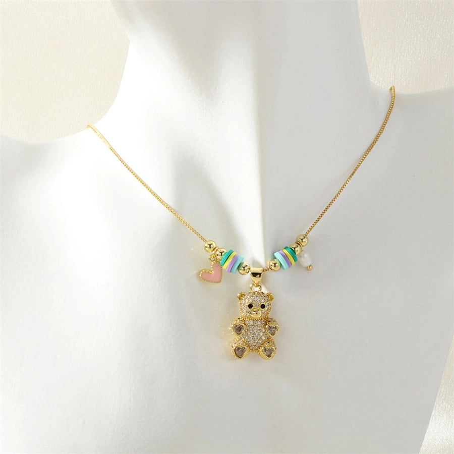 Jewelry Cute little bear Copper Zircon Inlay Pendant Necklace