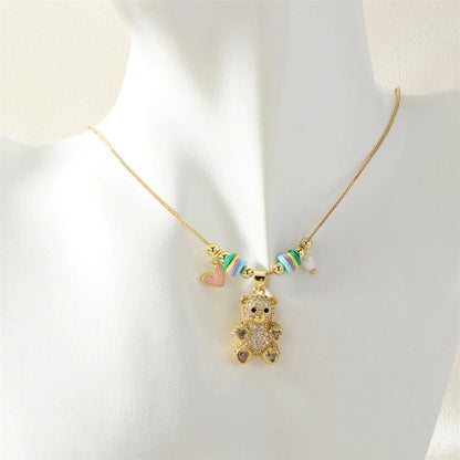 Jewelry Cute little bear Copper Zircon Inlay Pendant Necklace