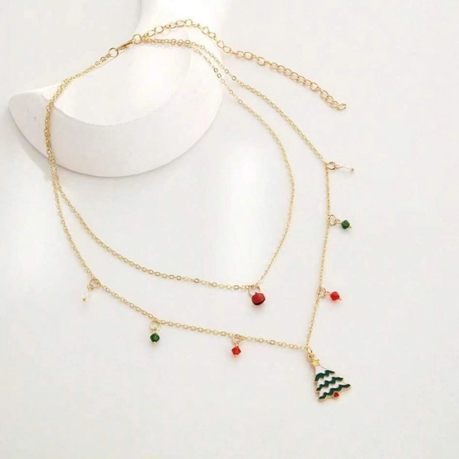 Jewelry Cute Christmas Tree Bell 316 Stainless Steel  Copper Enamel Double Layer Necklaces