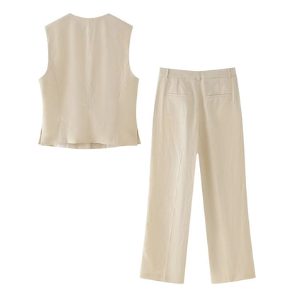 Business Women's British Style Solid Color Polyester Button Pants Sets Pants Sets