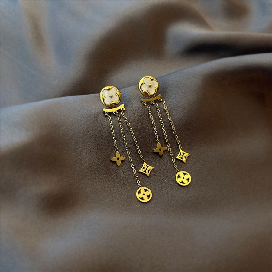 1 Pair Elegant Formal Romantic Four Leaf Clover Tassel Inlay 304 Stainless Steel Acrylic 18K Gold Plated Drop Earrings