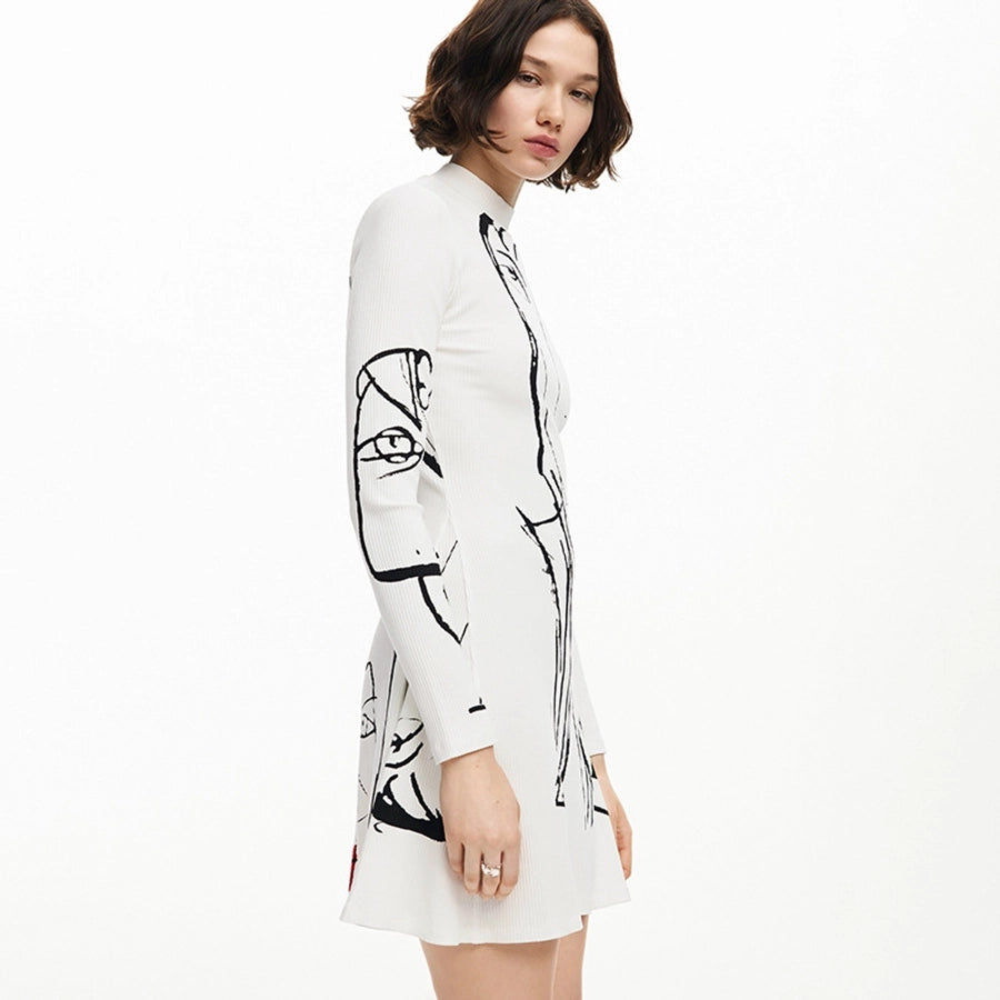 Women's A- Line Skirt Streetwear Round Neck Long Sleeve Portrait Lines Above Knee Daily