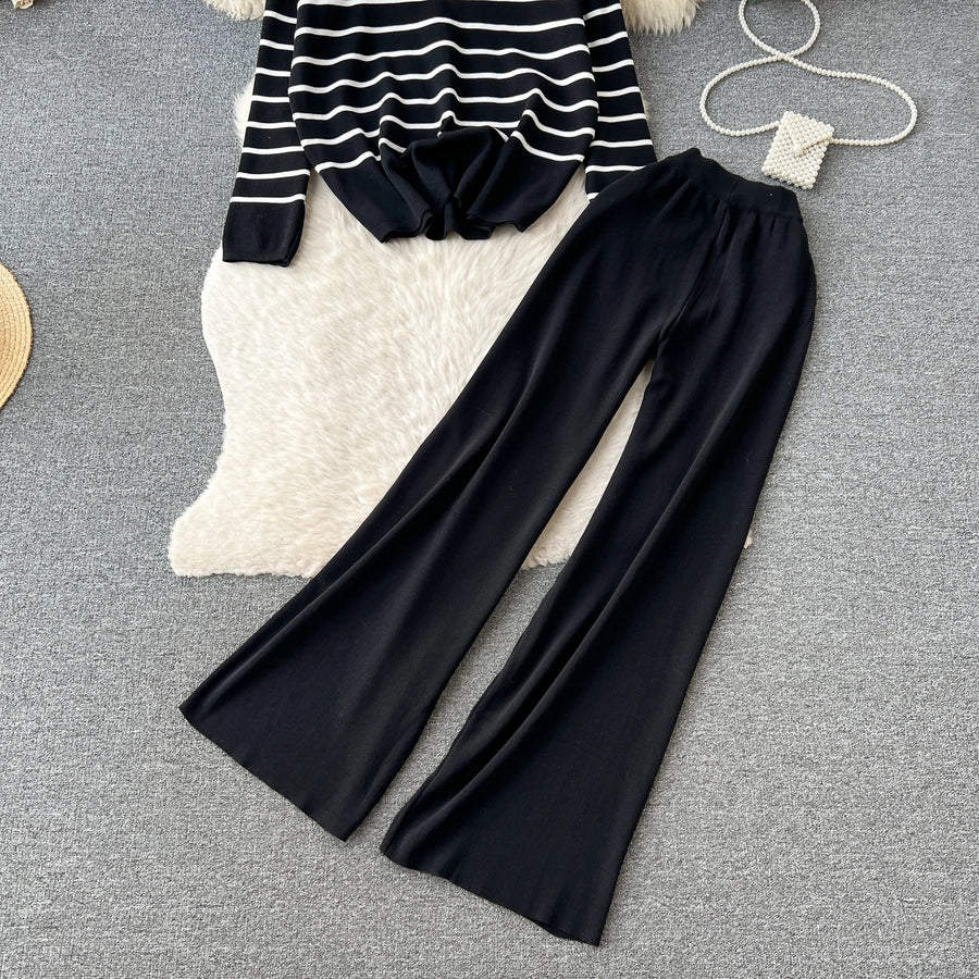 school outdoor daily women's simple style stripe simple spandex polyester knit elastic waist pants sets pants sets