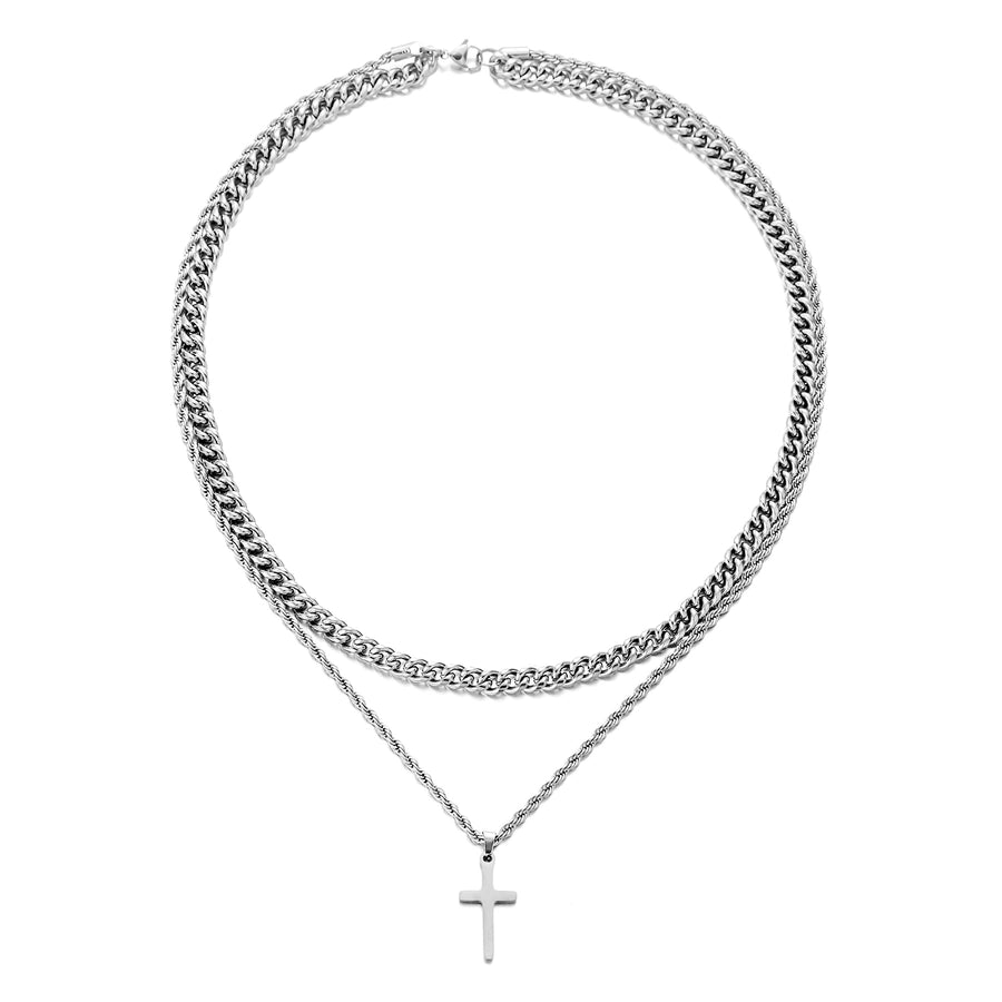 Hip-Hop Cross 201 Stainless Steel Men's Double Layer Necklaces