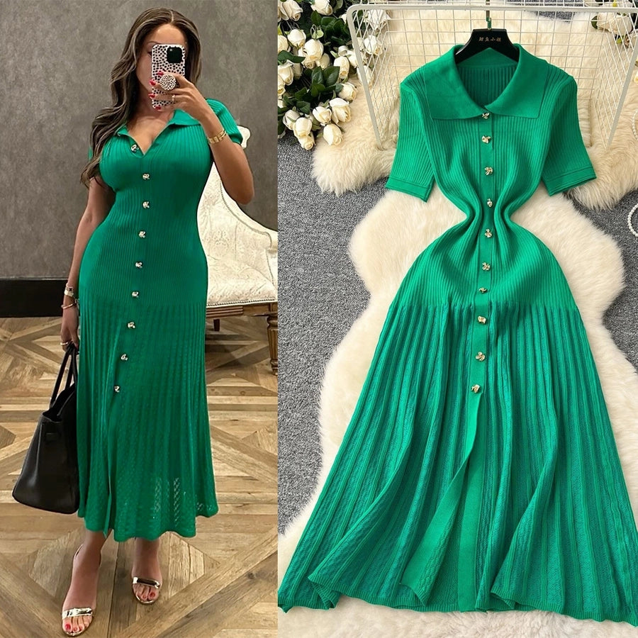 Women's Sheath Dress Simple Style Turndown Button Short Sleeve Solid Color Midi Dress Holiday