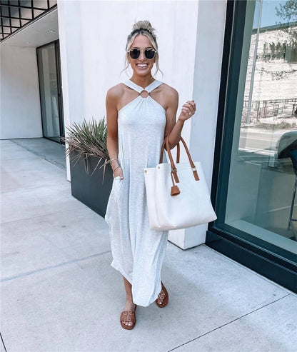 casual solid color halter neck sleeveless patchwork polyester maxi long dress irregular skirt