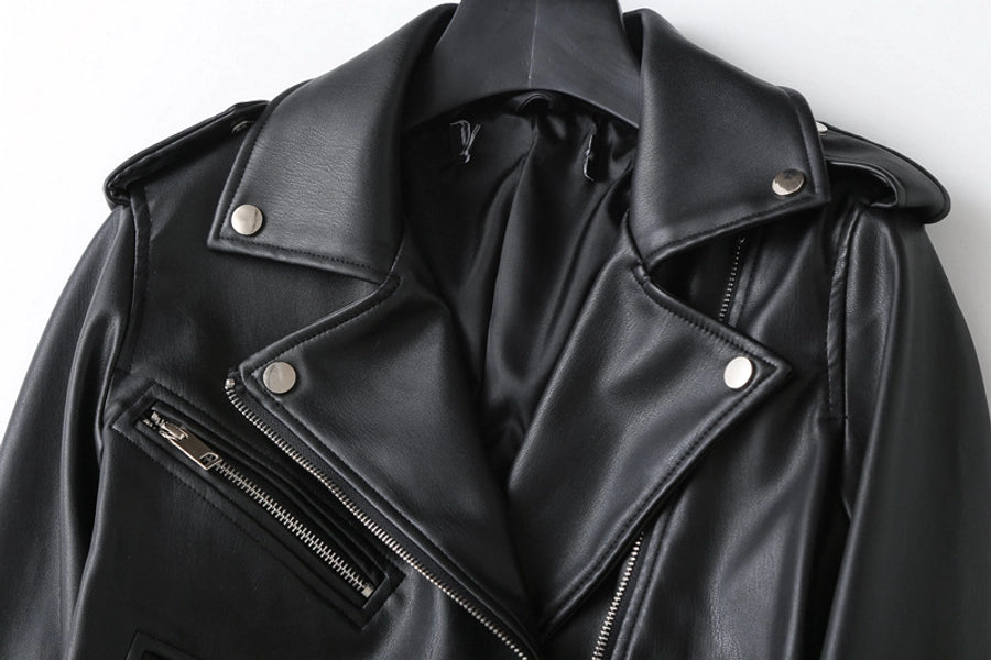 Women's Preppy Style Solid Color Zipper Leather Jacket Casual Jacket