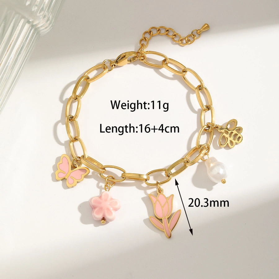 Jewelry Sweet Simple Style Flower Butterfly 304 Stainless Steel Imitation Pearl 18K Gold Plated Enamel Jewelry Set