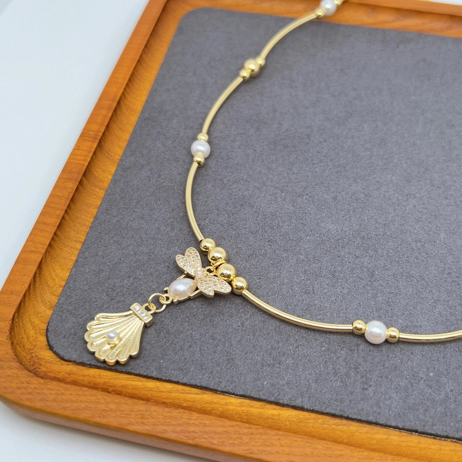 Jewelry Retro Eye Dragonfly Copper Pearl Zircon 18K Gold Plated Plating Inlay Pendant Necklace