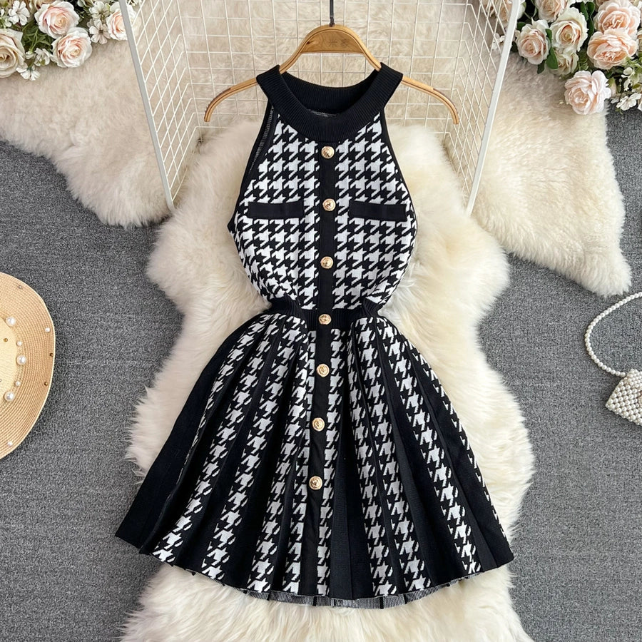 Women's Sheath Dress Elegant Round Neck Button Sleeveless Houndstooth Above Knee Daily