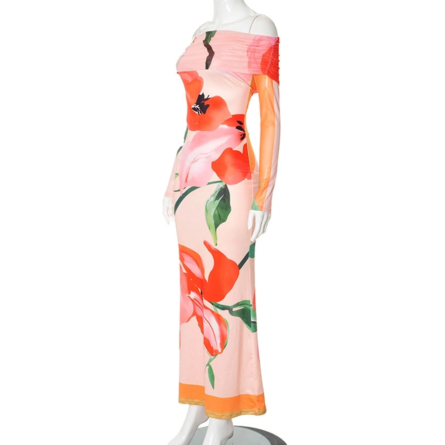 Women's Sheath Dress Vacation Strapless Long Sleeve Flower Maxi Long Dress Travel