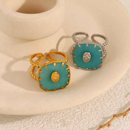 Jewelry IG Style Vacation French Style Geometric 304 Stainless Steel Natural Stone 18K Gold Plated Open Rings