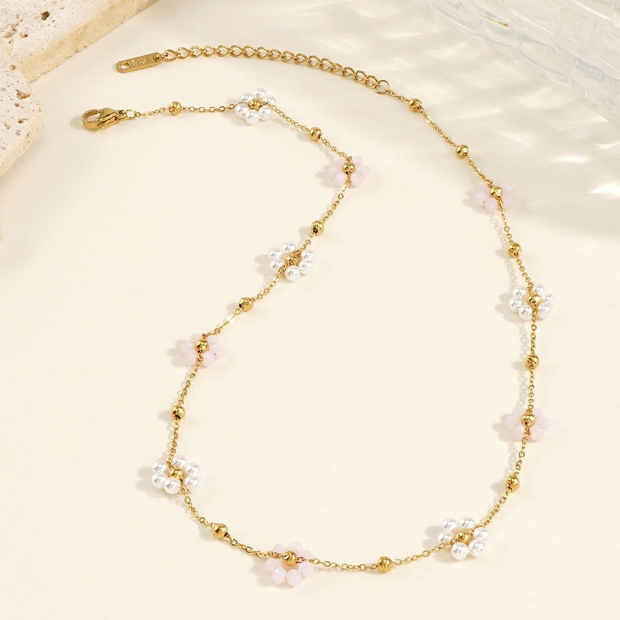 Jewelry Sweet Flower 304 Stainless Steel Artificial Crystal Necklace