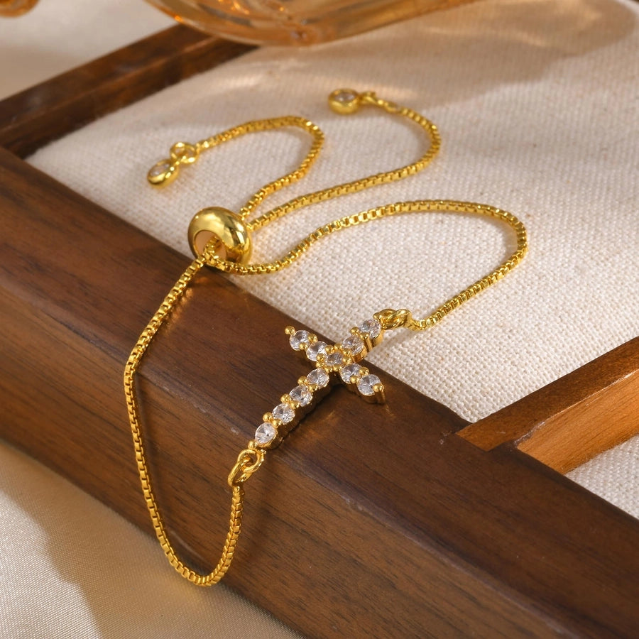 Jewelry IG Style Cross Copper Zircon 18K Gold Plated Inlay Bracelets