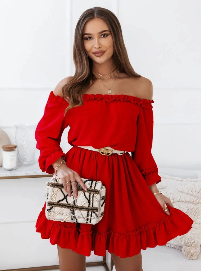 women's regular dress fashion off shoulder patchwork long sleeve solid color above knee daily