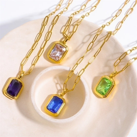 Jewelry Vintage Style Square 304 Stainless Steel Zircon 18K Gold Plated Plating Inlay Stainless Steel Necklaces