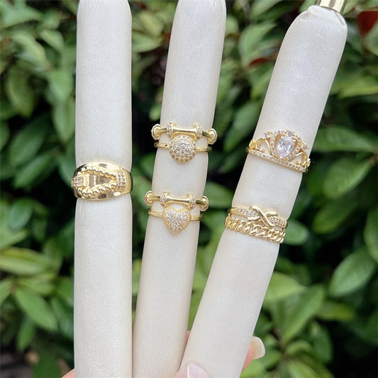 Copper 18K Gold Plated Heart Shape Crown Zircon Open Rings