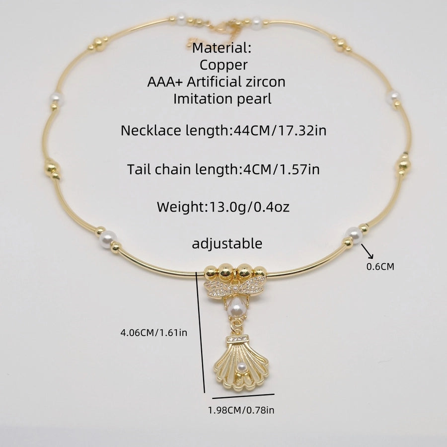 Jewelry Retro Eye Dragonfly Copper Pearl Zircon 18K Gold Plated Plating Inlay Pendant Necklace