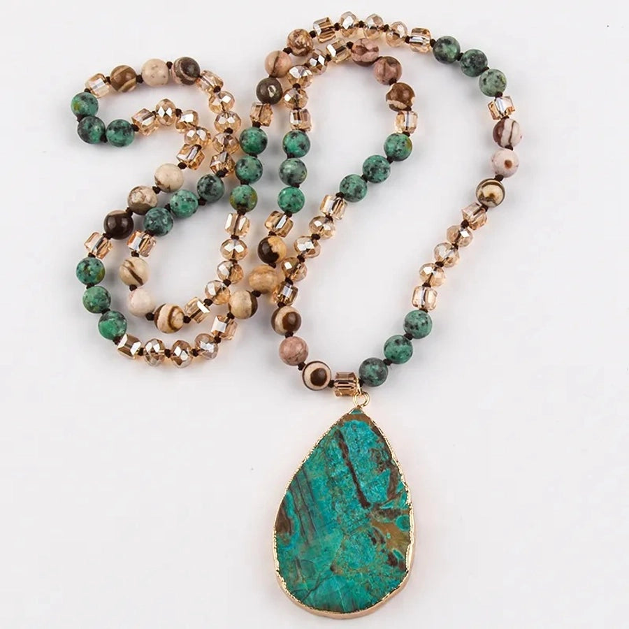 Retro Water Droplets Semi-precious stone natural stone Glass Beaded Chain Pendant Necklace In Bulk Natural stone necklace