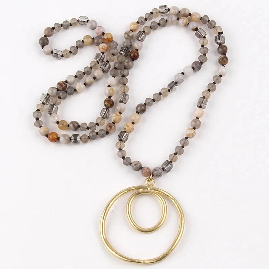 Retro Geometric Semi-precious stone Alloy Glass Beaded Chain Pendant Necklace In Bulk Natural stone necklace