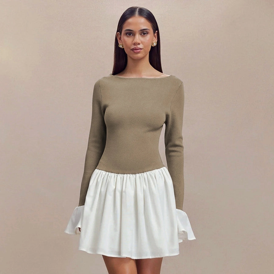 Women's Sheath Dress Streetwear Boat Neck Contrast Binding Long Sleeve Contrast Binding Above Knee Daily
