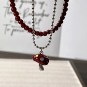 C Double Layer Twin Red Beaded Necklace 41 plus 7cm