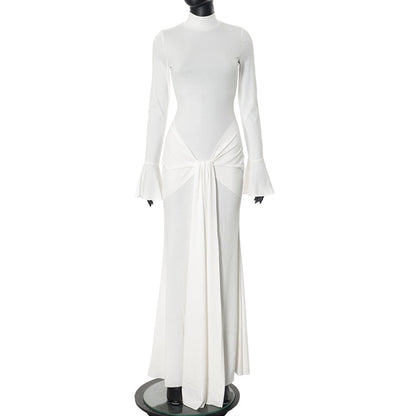 Women's Sheath Dress Streetwear Turtleneck Ribbon Long Sleeve Solid Color Maxi Long Dress Holiday