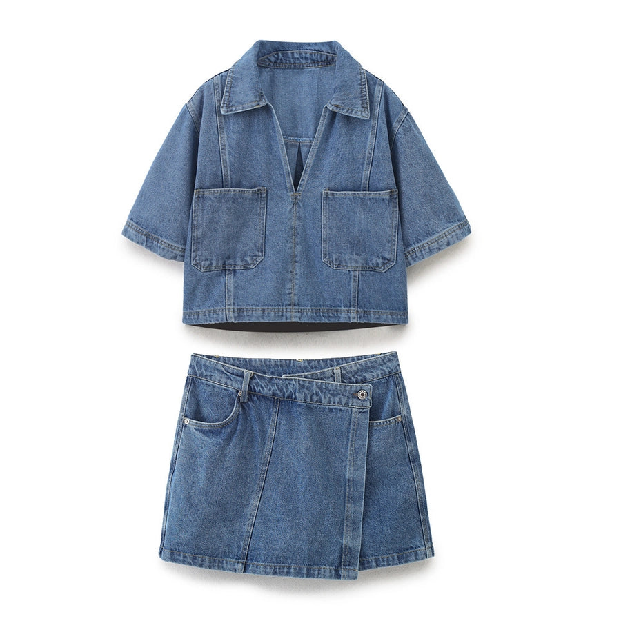 Daily Women's Simple Style Classic Style Solid Color Denim Pocket Skirt Sets Skirt Sets