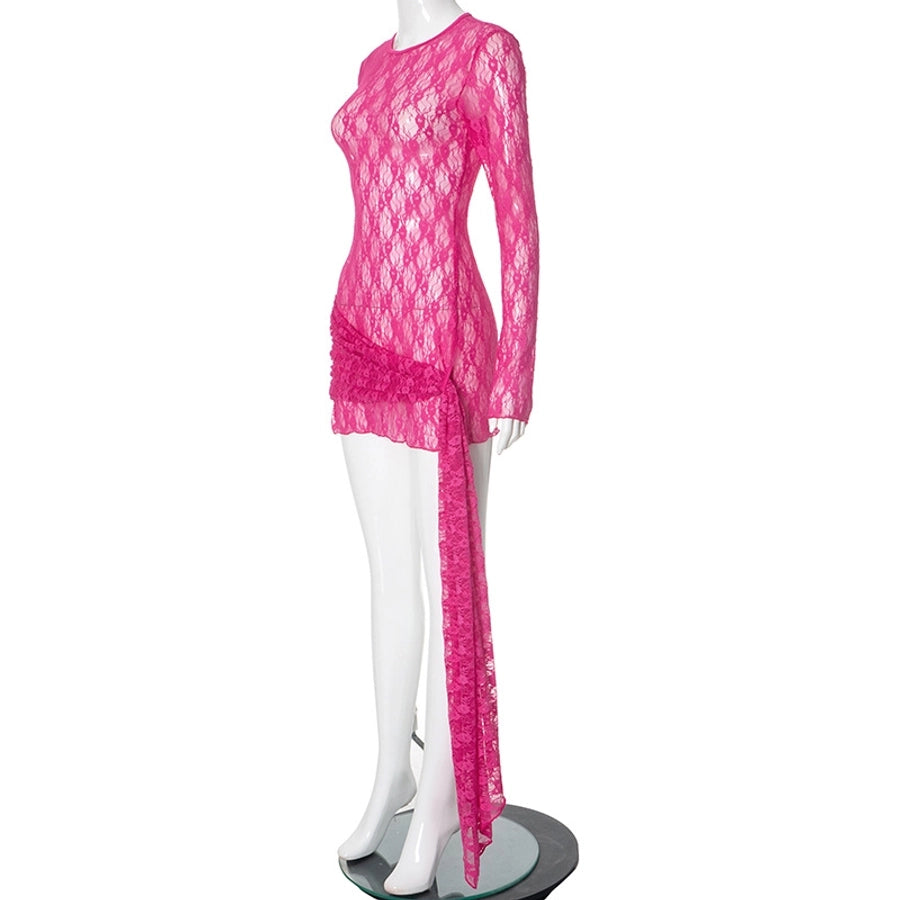 Women's Hip skirt Sexy Round Neck Lace Long Sleeve Solid Color Above Knee Masquerade