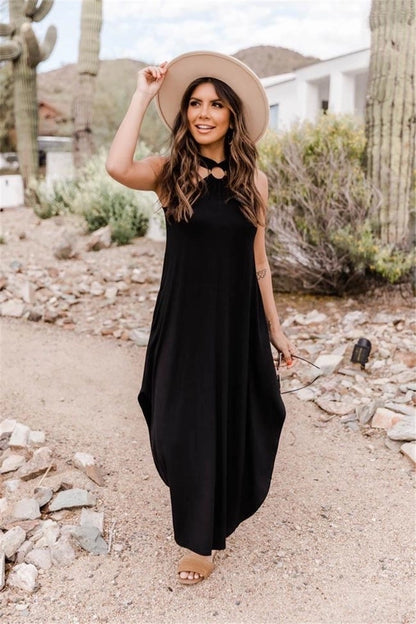 casual solid color halter neck sleeveless patchwork polyester maxi long dress irregular skirt
