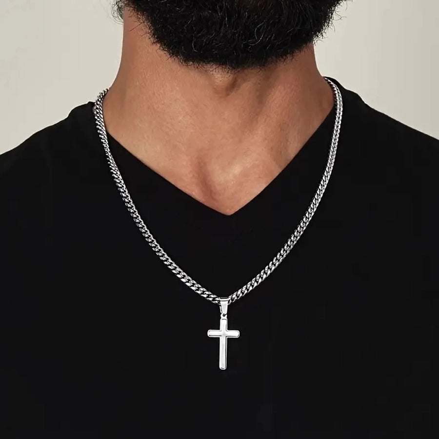 1 Piece to My Grandson Glossy Cross Pendant Cuban Metallic Belt Card Men's Necklace