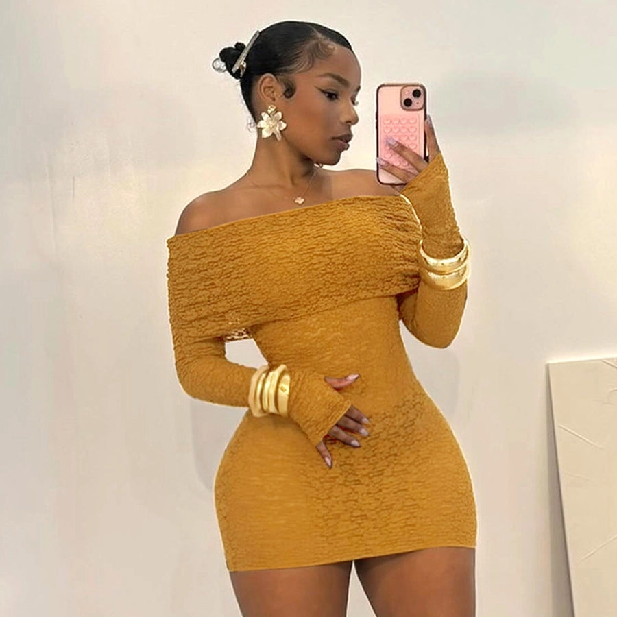 Women's Hip skirt Sexy Boat Neck Long Sleeve Solid Color Above Knee Masquerade