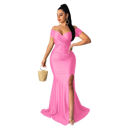 women's party dress elegant v neck short sleeve solid color maxi long dress evening party