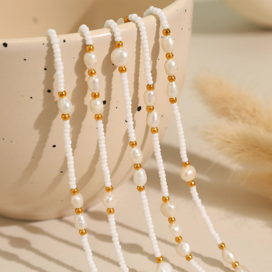 Jewelry Vintage Style Luxurious French Style Round Titanium Steel Freshwater Pearl Glass Stone 18K Gold Plated Beaded Polishing Plating Necklace