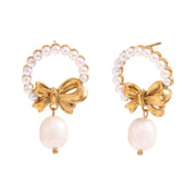 Tassel Pearl Bow Eardrops Stud Earrings-Gold