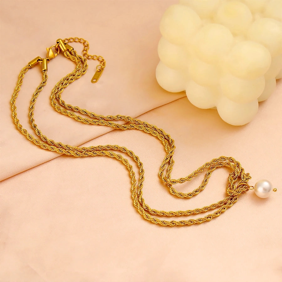 Jewelry Elegant Simple Style Twist 304 Stainless Steel Pearl 18K Gold Plated Plating Inlay Double Layer Necklaces