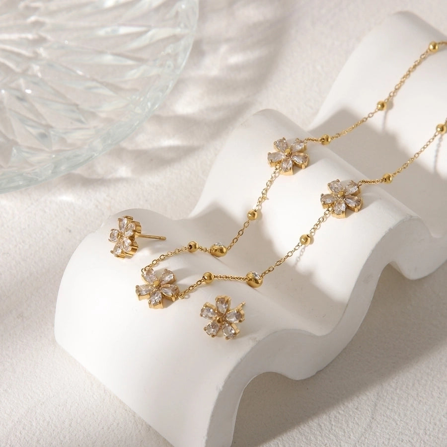 Jewelry Simple Style Commute Flower 304 Stainless Steel Zircon 18K Gold Plated Jewelry Set