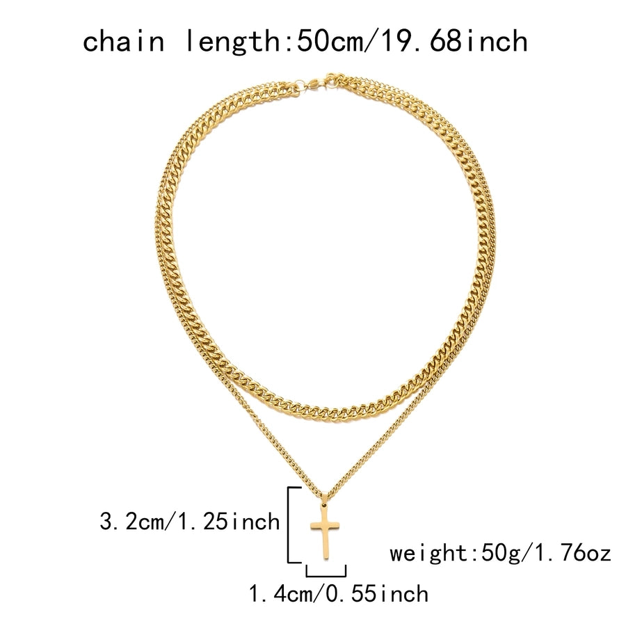 Hip-Hop Cross 201 Stainless Steel Men's Double Layer Necklaces