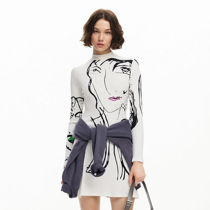 Women's A- Line Skirt Streetwear Round Neck Long Sleeve Portrait Lines Above Knee Daily