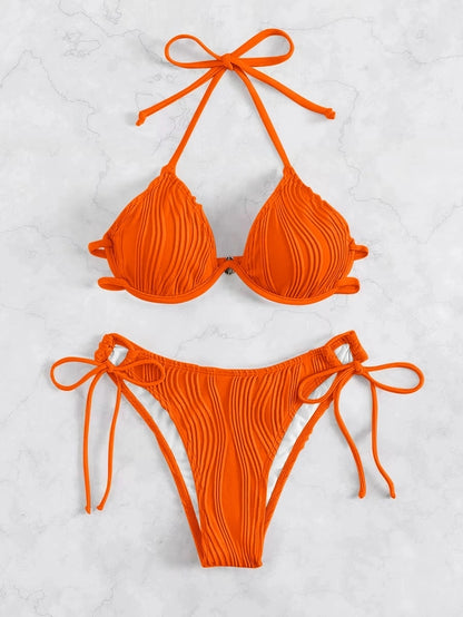 Women's Solid Color Stripe 2 Pieces Set Bikinis Swimwear