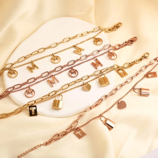 Simple Style Classic Style Cool Style Letter Lock 304 Stainless Steel Paperclip Chain Multi Charms Bracelet In Bulk Stainless Steel Bracelets