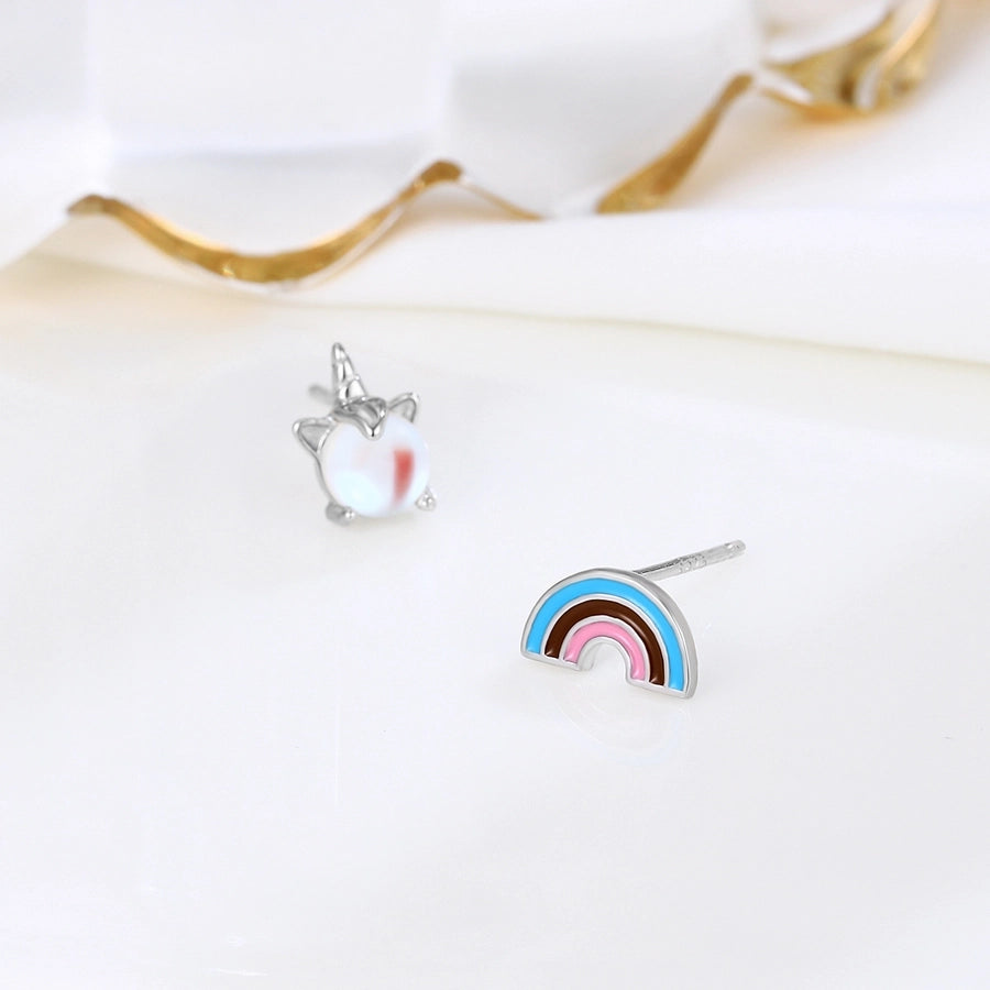 s925 Sterling Silver Rainbow  Moonstone stud earrings elegant niche cute jewelry small asymmetric earrings for women