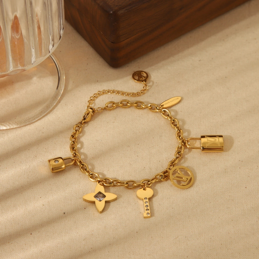 Retro Simple Style Commute Geometric 304 Stainless Steel 18K Gold Plated Zircon cable chain Bracelets In Bulk Stainless Steel Bracelets